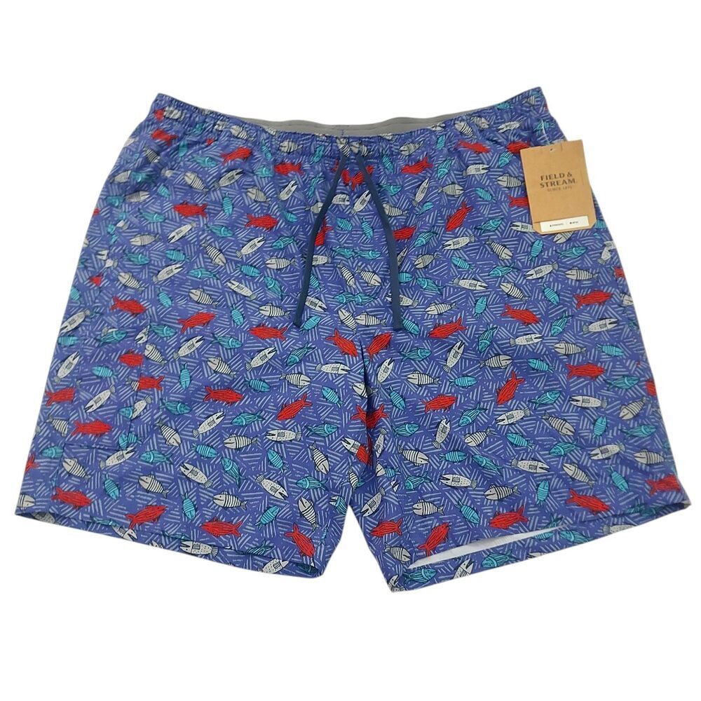 Field & Stream Board Shorts Mens 2XL Blue Fish Print Swim Beach Travel Outdoor